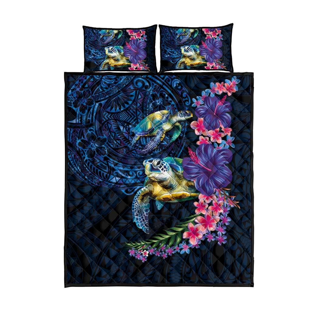 Hawaiian Plumeria and Hibiscus with Turtles Quilt Bed Set Polynesian Art Dark Cyan Color LT03 - Polynesian Pride