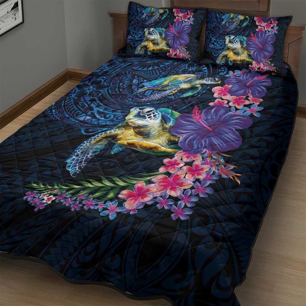 Hawaiian Plumeria and Hibiscus with Turtles Quilt Bed Set Polynesian Art Dark Cyan Color LT03 - Polynesian Pride