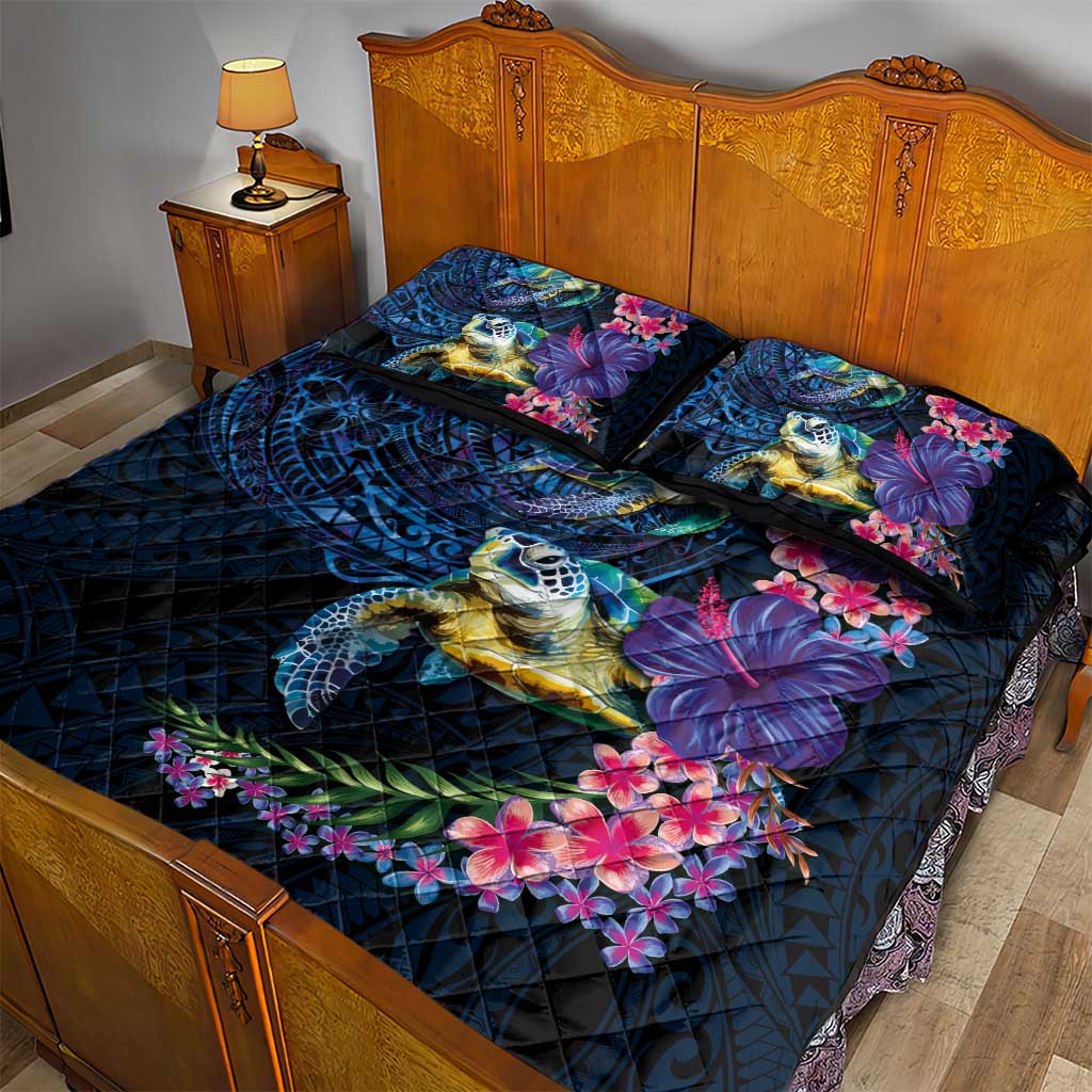 Hawaiian Plumeria and Hibiscus with Turtles Quilt Bed Set Polynesian Art Dark Cyan Color LT03 - Polynesian Pride