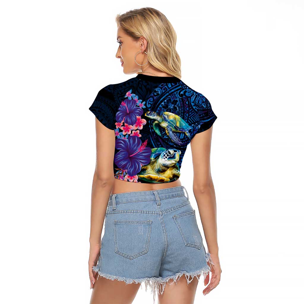 Hawaiian Plumeria and Hibiscus with Turtles Raglan Cropped T Shirt Polynesian Art Dark Cyan Color LT03 - Polynesian Pride