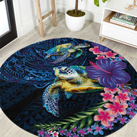 Hawaiian Plumeria and Hibiscus with Turtles Round Carpet Polynesian Art Dark Cyan Color LT03 Dark Cyan - Polynesian Pride