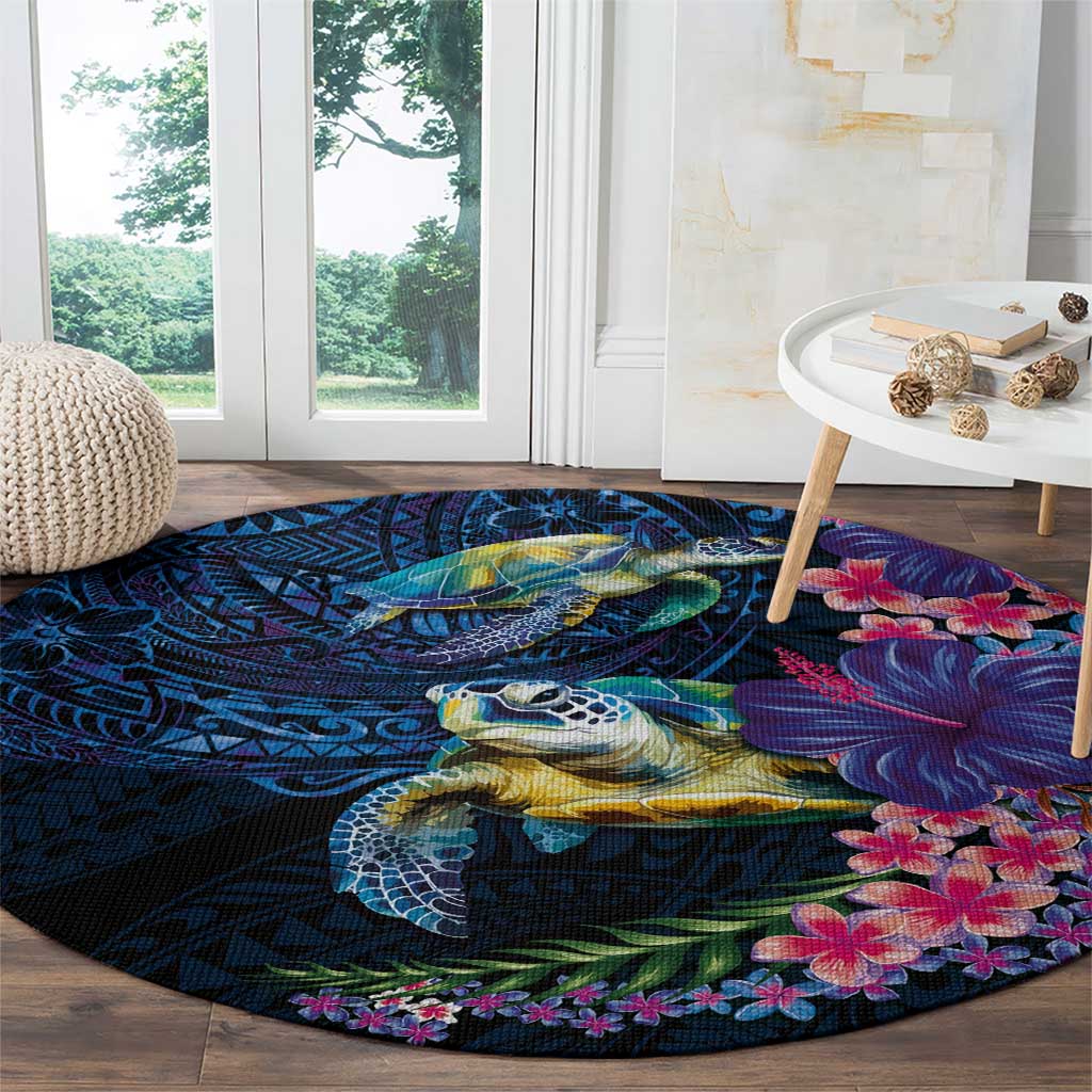 Hawaiian Plumeria and Hibiscus with Turtles Round Carpet Polynesian Art Dark Cyan Color LT03 - Polynesian Pride