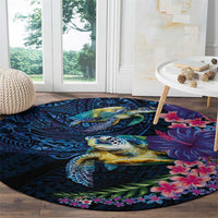 Hawaiian Plumeria and Hibiscus with Turtles Round Carpet Polynesian Art Dark Cyan Color LT03 - Polynesian Pride