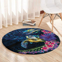 Hawaiian Plumeria and Hibiscus with Turtles Round Carpet Polynesian Art Dark Cyan Color LT03 - Polynesian Pride