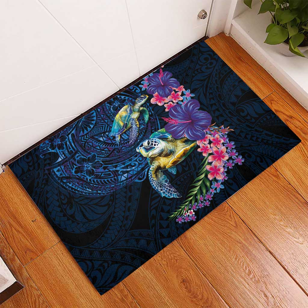 Hawaiian Plumeria and Hibiscus with Turtles Rubber Doormat Polynesian Art Dark Cyan Color LT03 - Polynesian Pride