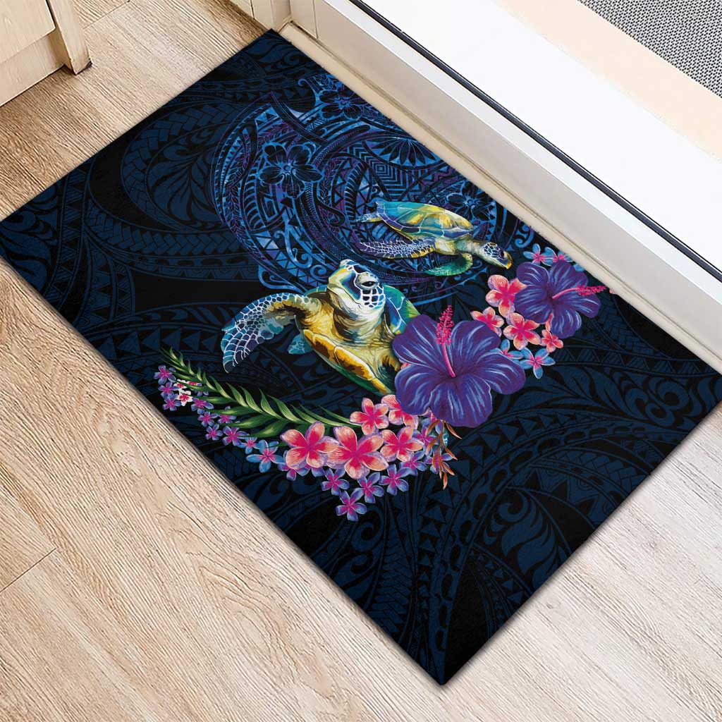 Hawaiian Plumeria and Hibiscus with Turtles Rubber Doormat Polynesian Art Dark Cyan Color LT03 - Polynesian Pride