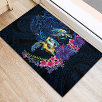 Hawaiian Plumeria and Hibiscus with Turtles Rubber Doormat Polynesian Art Dark Cyan Color LT03 - Polynesian Pride