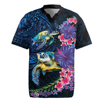 Hawaiian Plumeria and Hibiscus with Turtles Rugby Jersey Polynesian Art Dark Cyan Color LT03 Dark Cyan - Polynesian Pride