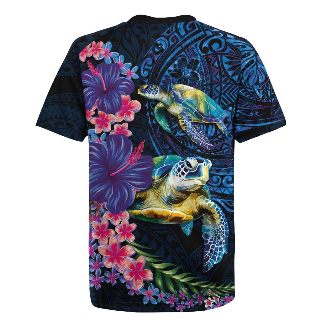 Hawaiian Plumeria and Hibiscus with Turtles Rugby Jersey Polynesian Art Dark Cyan Color LT03 - Polynesian Pride