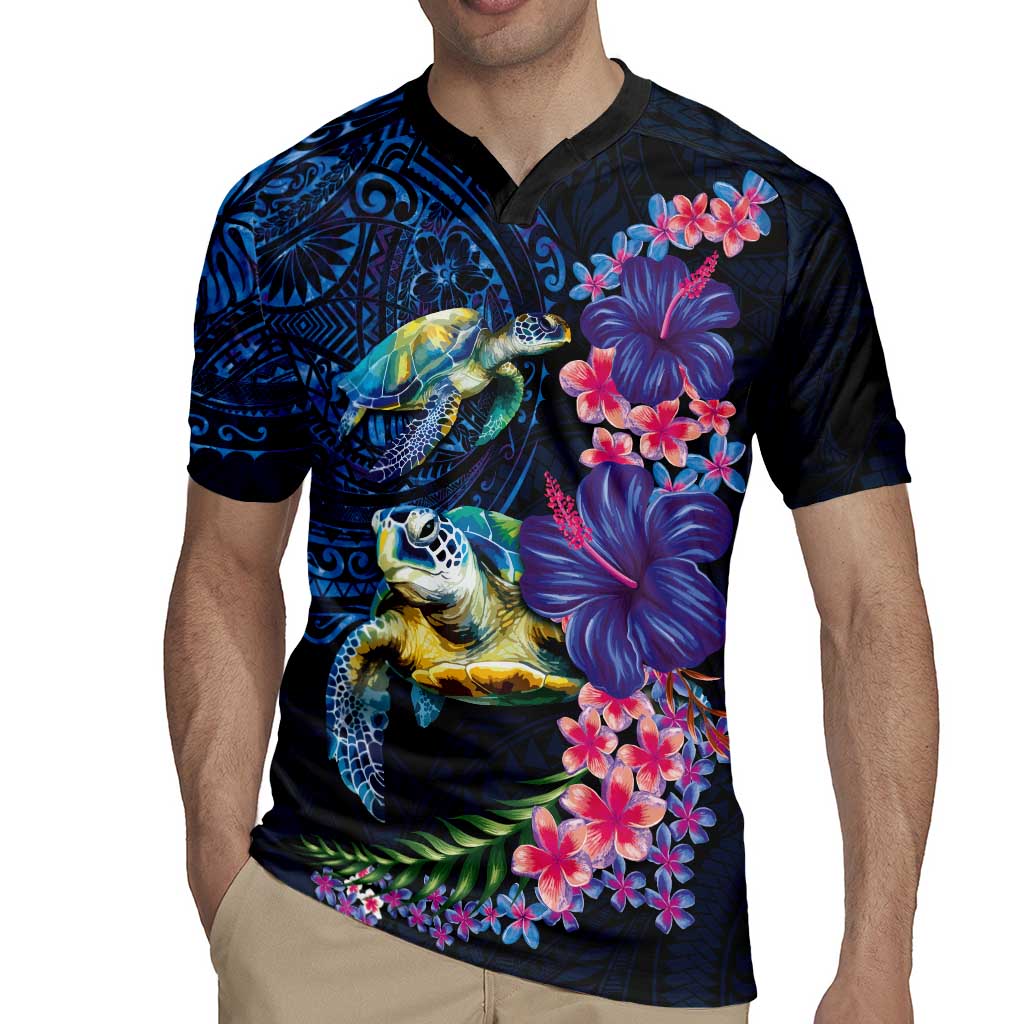 Hawaiian Plumeria and Hibiscus with Turtles Rugby Jersey Polynesian Art Dark Cyan Color LT03 - Polynesian Pride