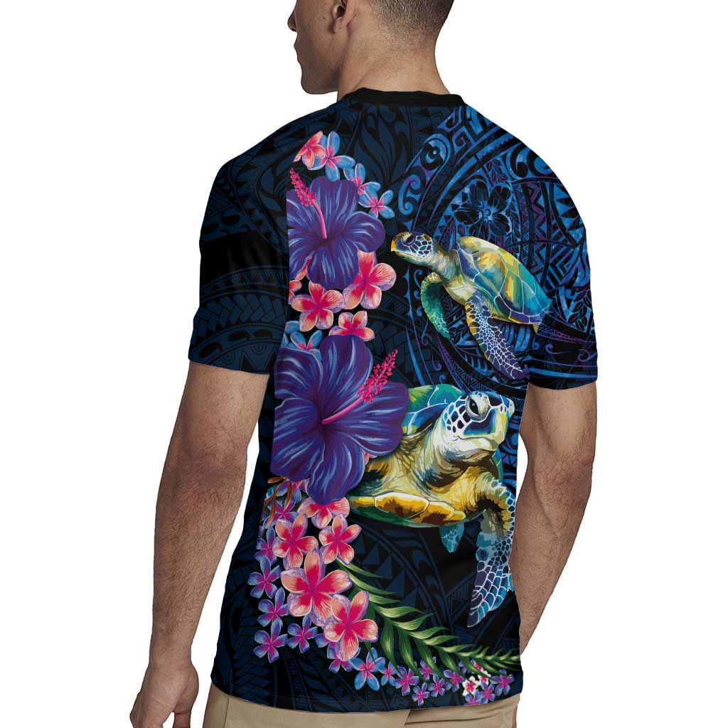 Hawaiian Plumeria and Hibiscus with Turtles Rugby Jersey Polynesian Art Dark Cyan Color LT03 - Polynesian Pride