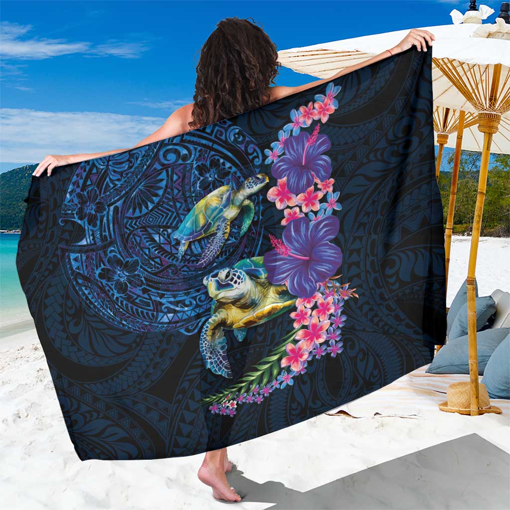 Hawaiian Plumeria and Hibiscus with Turtles Sarong Polynesian Art Dark Cyan Color LT03 One Size 44 x 66 inches Dark Cyan - Polynesian Pride