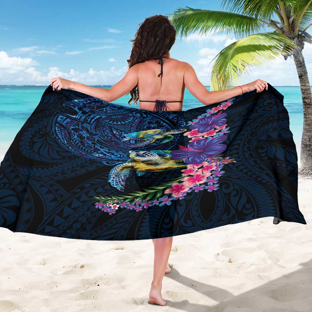 Hawaiian Plumeria and Hibiscus with Turtles Sarong Polynesian Art Dark Cyan Color LT03 - Polynesian Pride