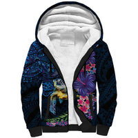 Hawaiian Plumeria and Hibiscus with Turtles Sherpa Hoodie Polynesian Art Dark Cyan Color LT03 Unisex Dark Cyan - Polynesian Pride