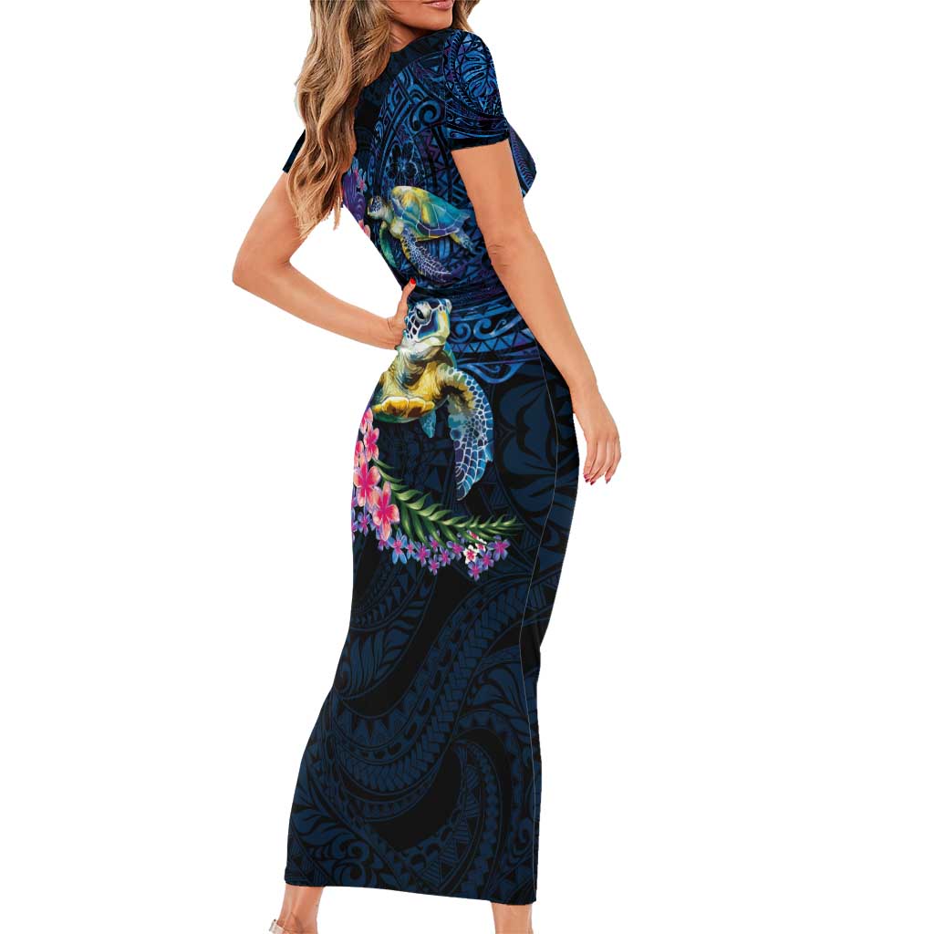 Hawaiian Plumeria and Hibiscus with Turtles Short Sleeve Bodycon Dress Polynesian Art Dark Cyan Color LT03 - Polynesian Pride