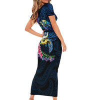Hawaiian Plumeria and Hibiscus with Turtles Short Sleeve Bodycon Dress Polynesian Art Dark Cyan Color LT03 - Polynesian Pride