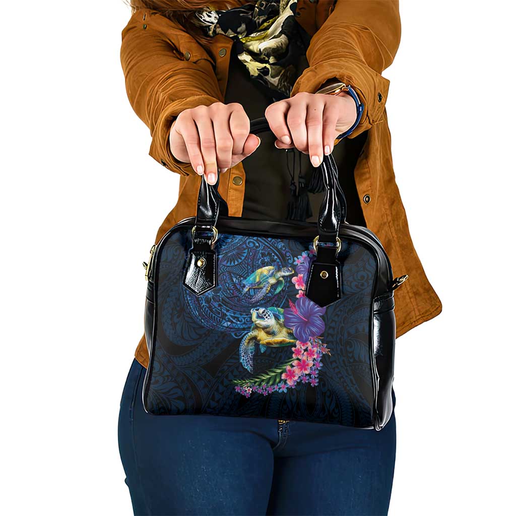 Hawaiian Plumeria and Hibiscus with Turtles Shoulder Handbag Polynesian Art Dark Cyan Color - Polynesian Pride