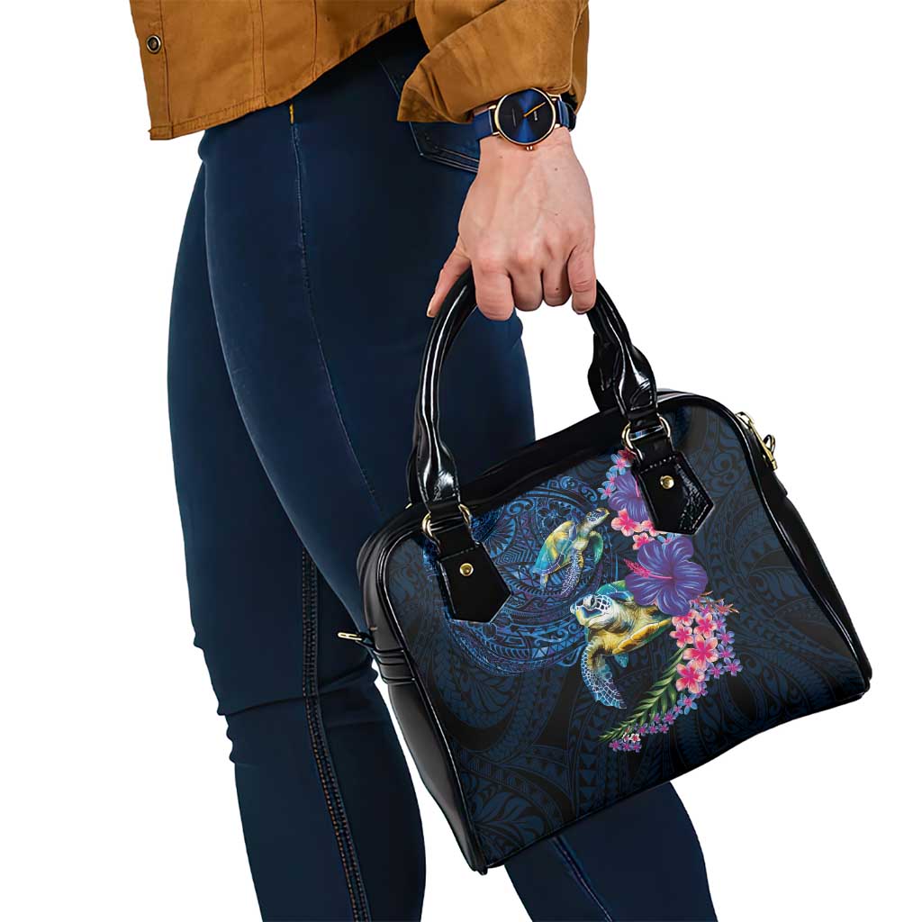 Hawaiian Plumeria and Hibiscus with Turtles Shoulder Handbag Polynesian Art Dark Cyan Color LT03 - Polynesian Pride