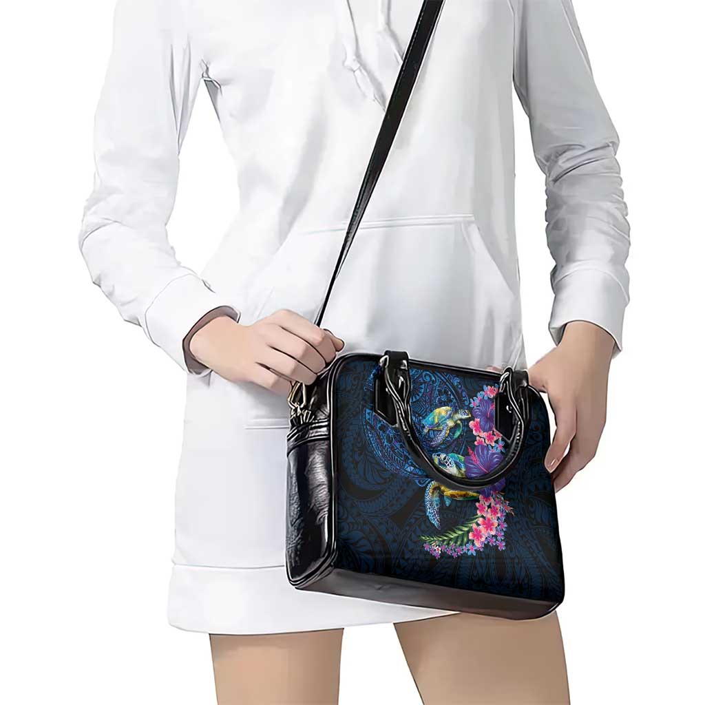 Hawaiian Plumeria and Hibiscus with Turtles Shoulder Handbag Polynesian Art Dark Cyan Color LT03 - Polynesian Pride