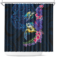 Hawaiian Plumeria and Hibiscus with Turtles Shower Curtain Polynesian Art Dark Cyan Color LT03 Dark Cyan - Polynesian Pride