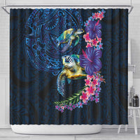 Hawaiian Plumeria and Hibiscus with Turtles Shower Curtain Polynesian Art Dark Cyan Color LT03 - Polynesian Pride