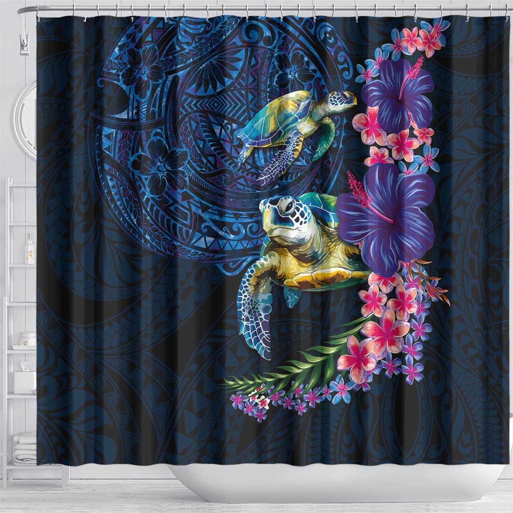 Hawaiian Plumeria and Hibiscus with Turtles Shower Curtain Polynesian Art Dark Cyan Color LT03 - Polynesian Pride