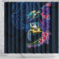 Hawaiian Plumeria and Hibiscus with Turtles Shower Curtain Polynesian Art Dark Cyan Color LT03 - Polynesian Pride