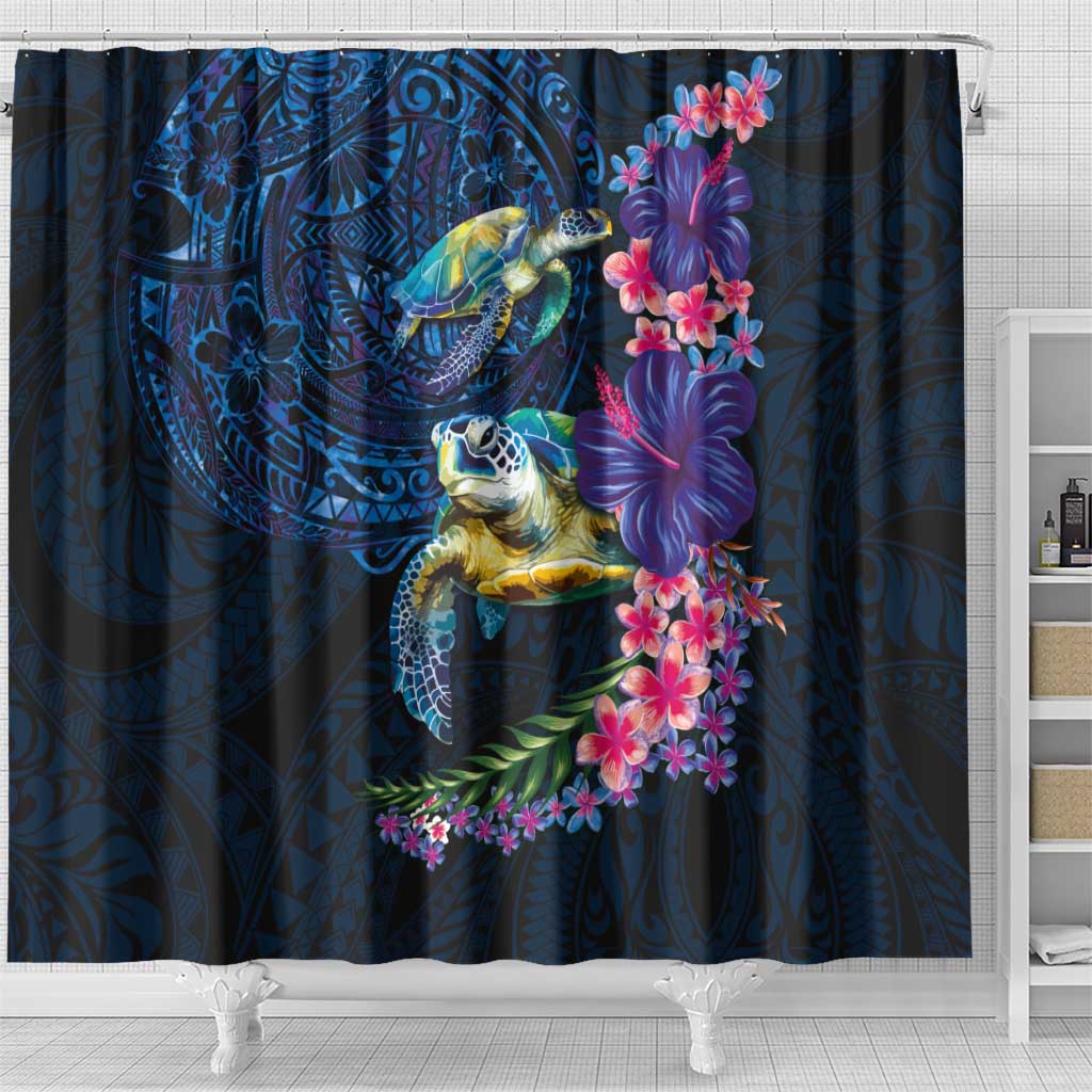 Hawaiian Plumeria and Hibiscus with Turtles Shower Curtain Polynesian Art Dark Cyan Color LT03 - Polynesian Pride