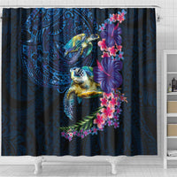 Hawaiian Plumeria and Hibiscus with Turtles Shower Curtain Polynesian Art Dark Cyan Color LT03 - Polynesian Pride