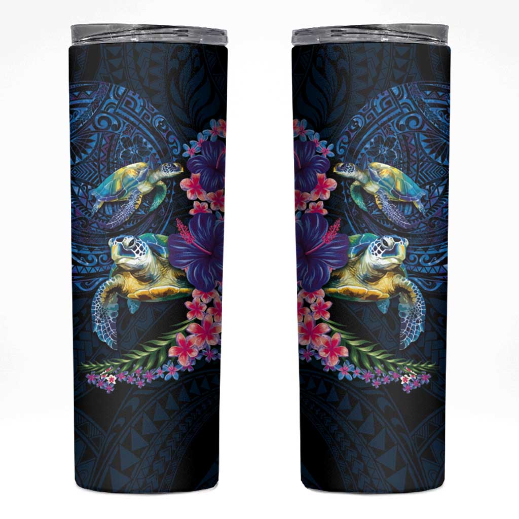 Hawaiian Plumeria and Hibiscus with Turtles Skinny Tumbler Polynesian Art Dark Cyan Color LT03 Dark Cyan - Polynesian Pride