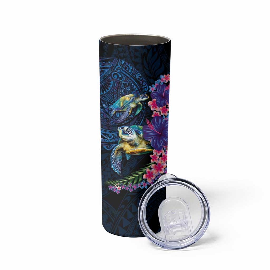 Hawaiian Plumeria and Hibiscus with Turtles Skinny Tumbler Polynesian Art Dark Cyan Color LT03 - Polynesian Pride