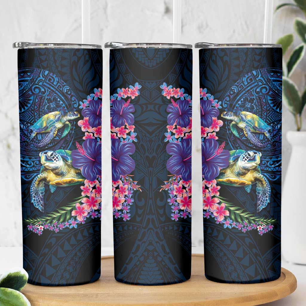 Hawaiian Plumeria and Hibiscus with Turtles Skinny Tumbler Polynesian Art Dark Cyan Color LT03 - Polynesian Pride