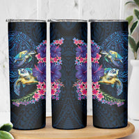 Hawaiian Plumeria and Hibiscus with Turtles Skinny Tumbler Polynesian Art Dark Cyan Color LT03 - Polynesian Pride