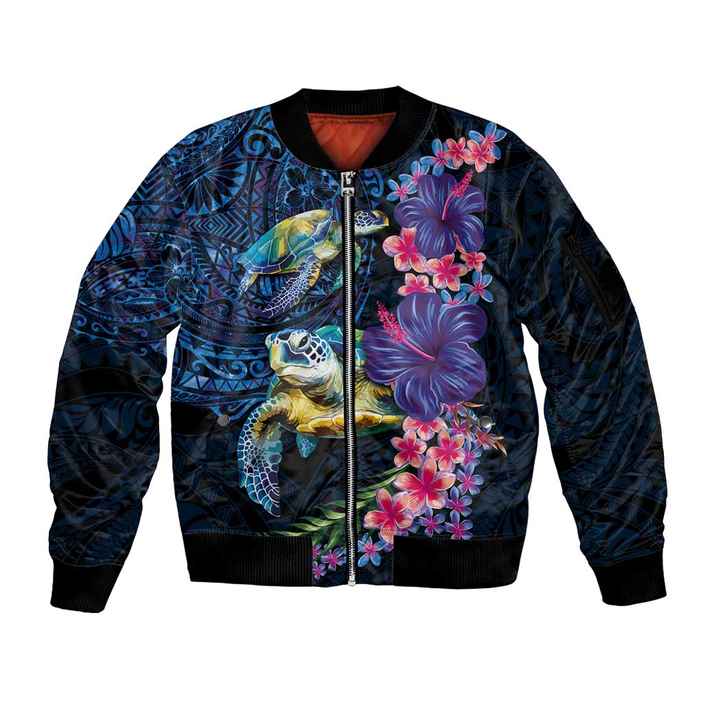 Hawaiian Plumeria and Hibiscus with Turtles Sleeve Zip Bomber Jacket Polynesian Art Dark Cyan Color LT03 Unisex Dark Cyan - Polynesian Pride