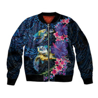 Hawaiian Plumeria and Hibiscus with Turtles Sleeve Zip Bomber Jacket Polynesian Art Dark Cyan Color LT03 Unisex Dark Cyan - Polynesian Pride