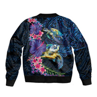Hawaiian Plumeria and Hibiscus with Turtles Sleeve Zip Bomber Jacket Polynesian Art Dark Cyan Color LT03 - Polynesian Pride