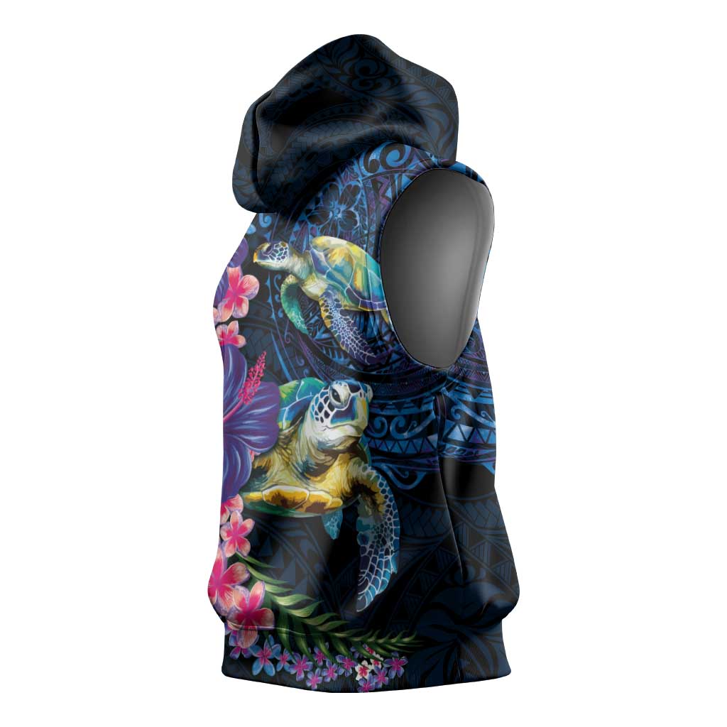 Hawaiian Plumeria and Hibiscus with Turtles Sleeveless Hoodie Polynesian Art Dark Cyan Color LT03 - Polynesian Pride