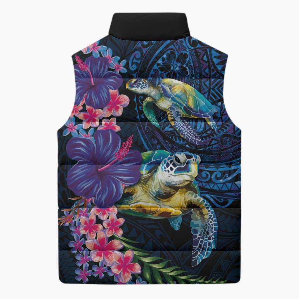 Hawaiian Plumeria and Hibiscus with Turtles Sleeveless Puffer Jacket Polynesian Art Dark Cyan Color LT03 - Polynesian Pride