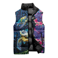 Hawaiian Plumeria and Hibiscus with Turtles Sleeveless Puffer Jacket Polynesian Art Dark Cyan Color LT03 - Polynesian Pride