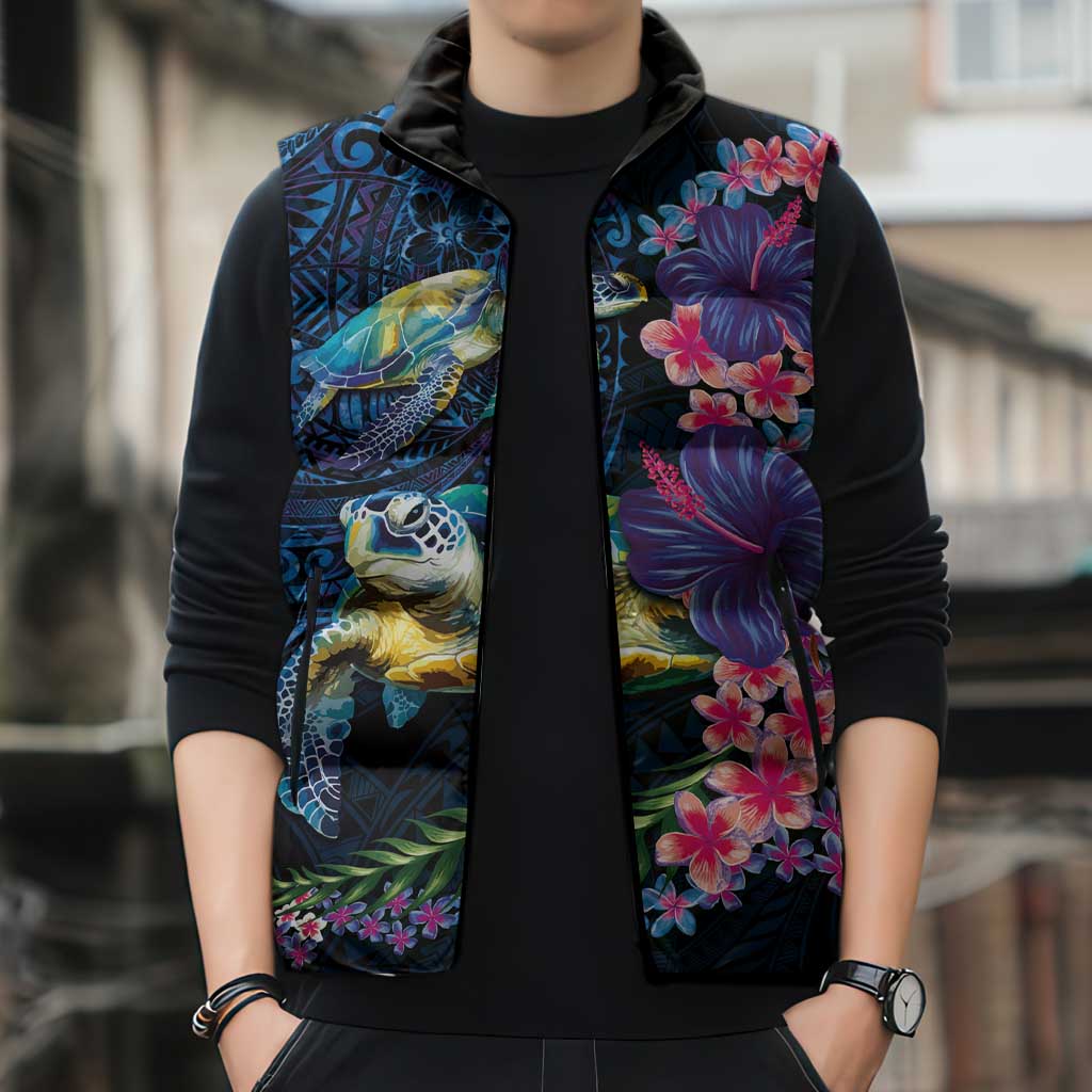 Hawaiian Plumeria and Hibiscus with Turtles Sleeveless Puffer Jacket Polynesian Art Dark Cyan Color LT03 - Polynesian Pride