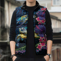 Hawaiian Plumeria and Hibiscus with Turtles Sleeveless Puffer Jacket Polynesian Art Dark Cyan Color LT03 - Polynesian Pride