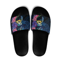 Hawaiian Plumeria and Hibiscus with Turtles Slide Sandals Polynesian Art Dark Cyan Color LT03 Dark Cyan - Polynesian Pride