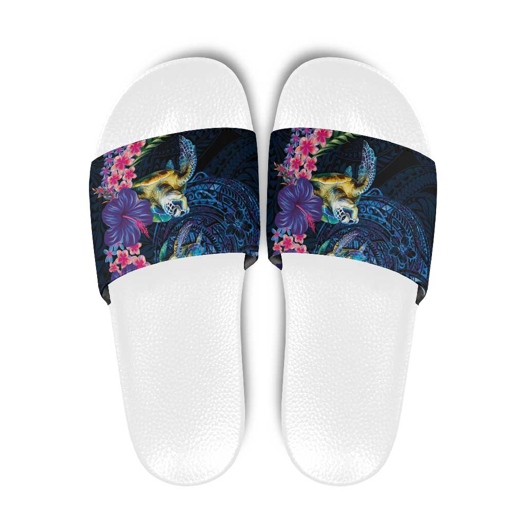 Hawaiian Plumeria and Hibiscus with Turtles Slide Sandals Polynesian Art Dark Cyan Color LT03 Dark Cyan - Polynesian Pride