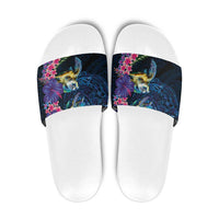Hawaiian Plumeria and Hibiscus with Turtles Slide Sandals Polynesian Art Dark Cyan Color LT03 Dark Cyan - Polynesian Pride