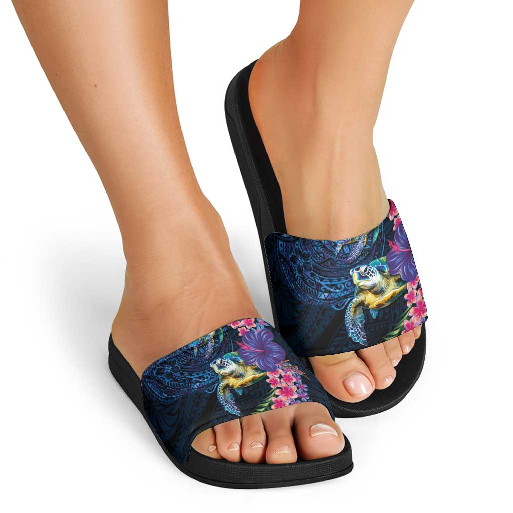 Hawaiian Plumeria and Hibiscus with Turtles Slide Sandals Polynesian Art Dark Cyan Color LT03 - Polynesian Pride