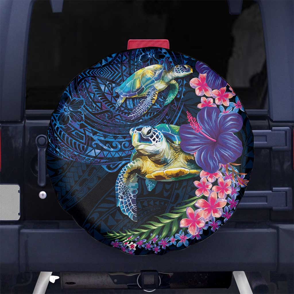 Hawaiian Plumeria and Hibiscus with Turtles Spare Tire Cover Polynesian Art Dark Cyan Color LT03 No hole Dark Cyan - Polynesian Pride