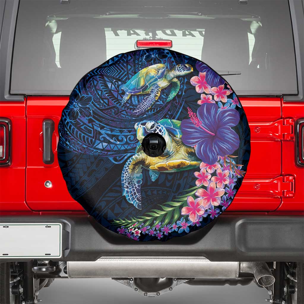 Hawaiian Plumeria and Hibiscus with Turtles Spare Tire Cover Polynesian Art Dark Cyan Color LT03 - Polynesian Pride