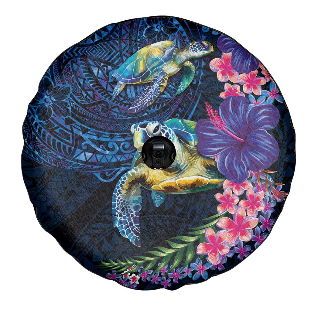 Hawaiian Plumeria and Hibiscus with Turtles Spare Tire Cover Polynesian Art Dark Cyan Color LT03 - Polynesian Pride