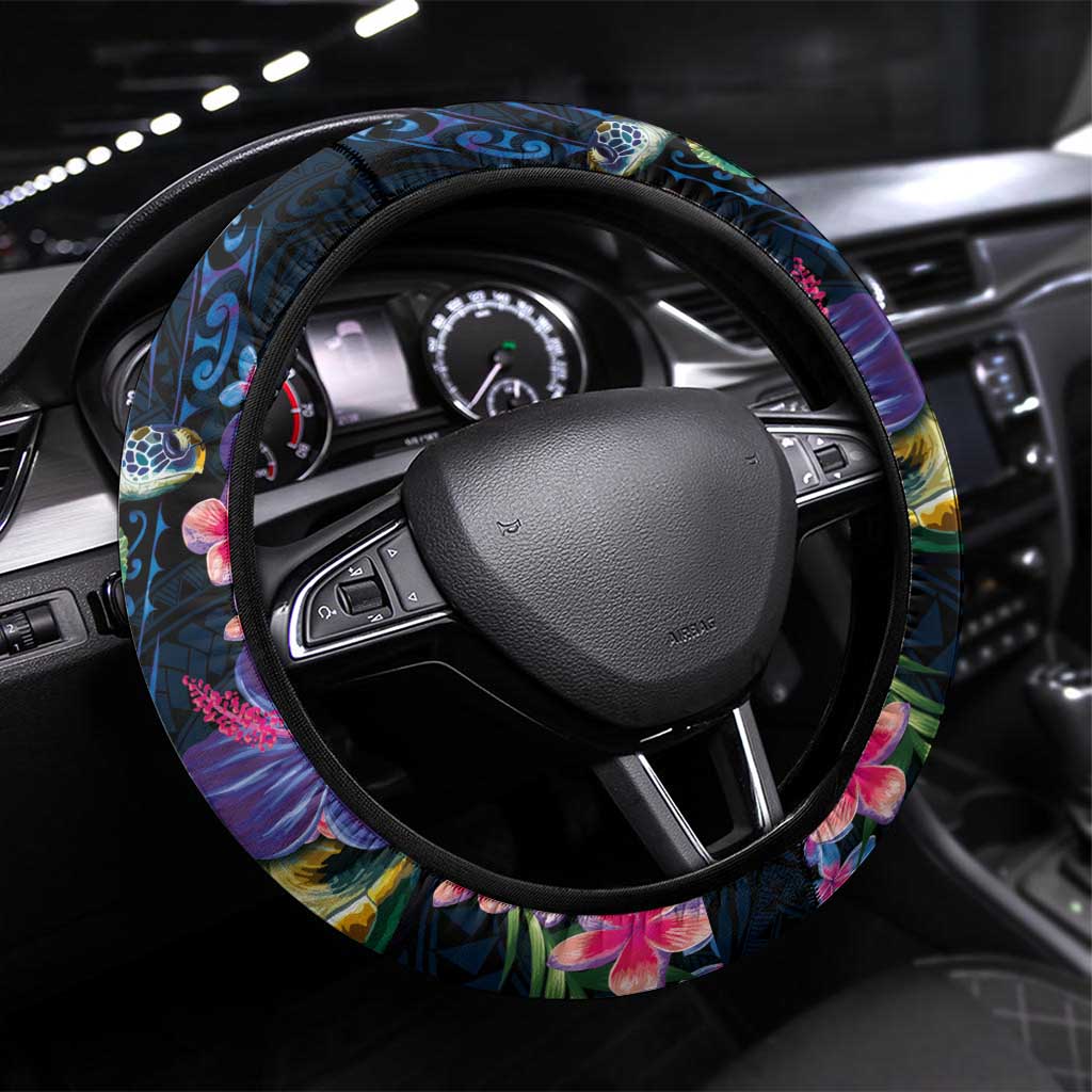 Hawaiian Plumeria and Hibiscus with Turtles Steering Wheel Cover Polynesian Art Dark Cyan Color LT03 Universal Fit Dark Cyan - Polynesian Pride