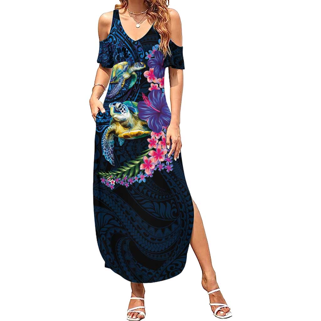 Hawaiian Plumeria and Hibiscus with Turtles Summer Maxi Dress Polynesian Art Dark Cyan Color LT03 Women Dark Cyan - Polynesian Pride